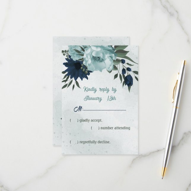 Cartão RSVP Casamento botânico com flores azuis e marinhos (Frente/Verso In Situ)