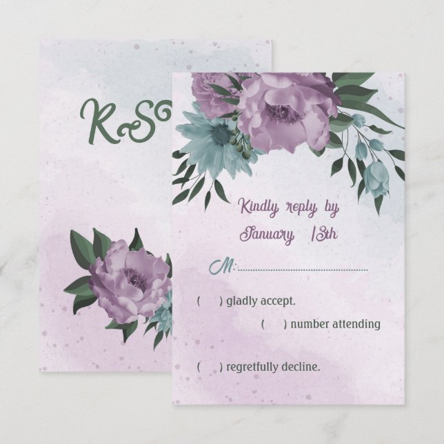 Cartão RSVP casamento botânico com flores azuis roxas (Frente/Verso)