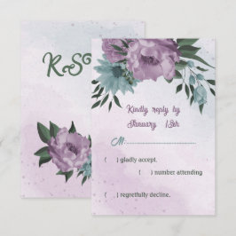 Cartão RSVP casamento botânico com flores azuis roxas