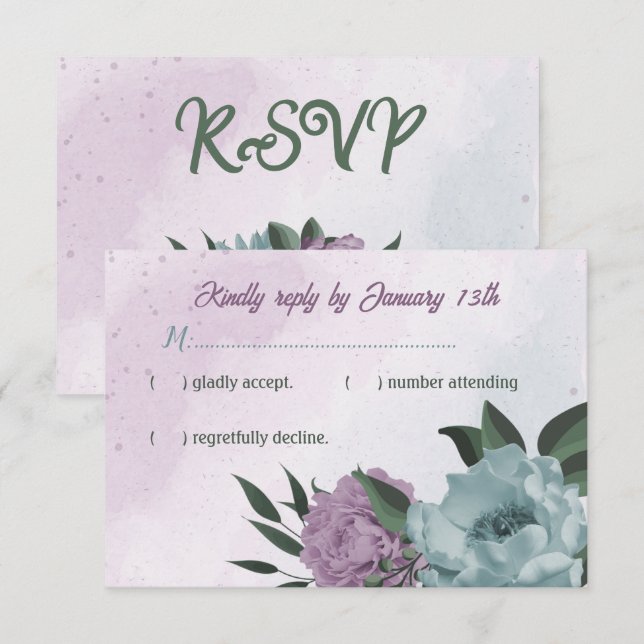 Cartão RSVP casamento botânico com flores azuis roxas (Frente/Verso)