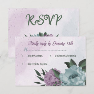Cartão RSVP casamento botânico com flores azuis roxas
