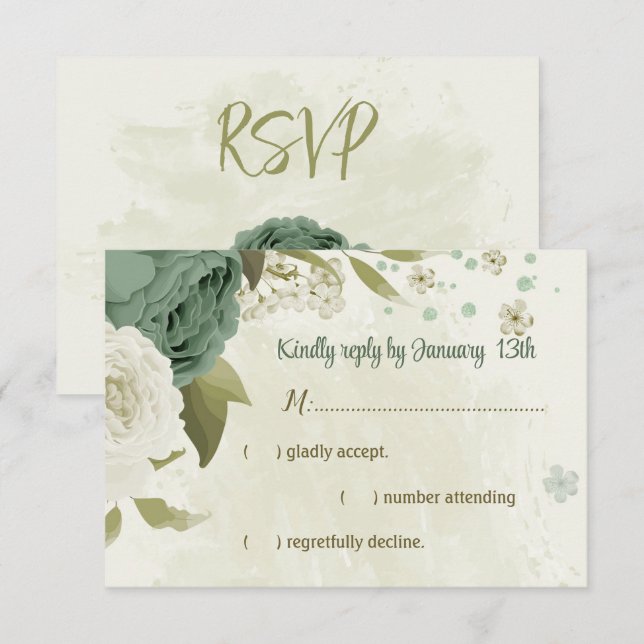 Cartão RSVP casamento botânico com flores brancas sage (Frente/Verso)