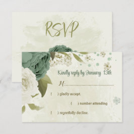 Cartão RSVP casamento botânico com flores brancas sage