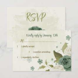 Cartão RSVP casamento botânico com flores brancas sage