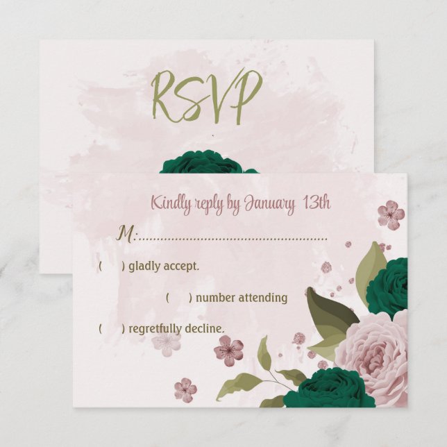 Cartão RSVP casamento botânico com flores cor-de-rosa esmerald (Frente/Verso)