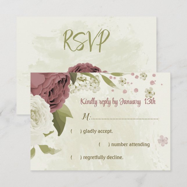 Cartão RSVP casamento botânico com flores rosa brancas poeiren (Frente/Verso)