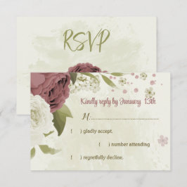 Cartão RSVP casamento botânico com flores rosa brancas poeiren