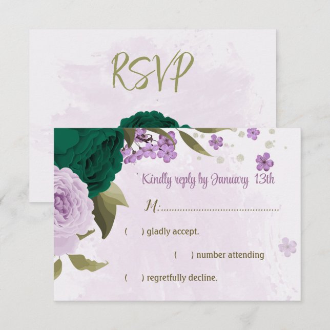 Cartão RSVP casamento botânico com flores roxas esmeraldas (Frente/Verso)
