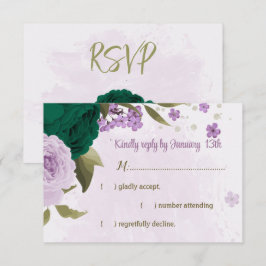 Cartão RSVP casamento botânico com flores roxas esmeraldas