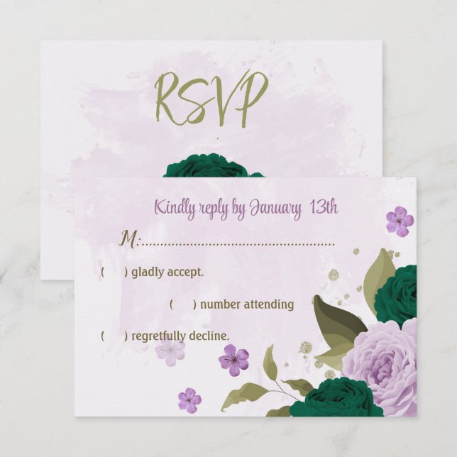 Cartão RSVP casamento botânico com flores roxas esmeraldas (Frente/Verso)