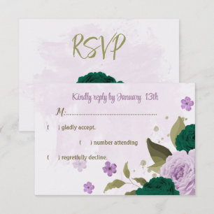 Cartão RSVP casamento botânico com flores roxas esmeraldas