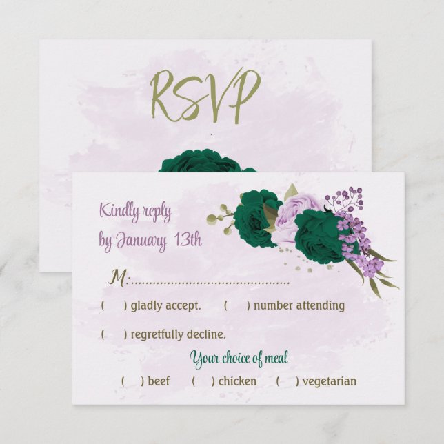Cartão RSVP casamento botânico com flores roxas esmeraldas (Frente/Verso)