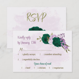 Cartão RSVP casamento botânico com flores roxas esmeraldas