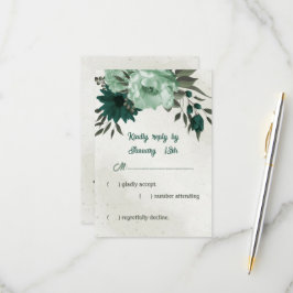 Cartão RSVP casamento botânico com flores verdes esmeraldas