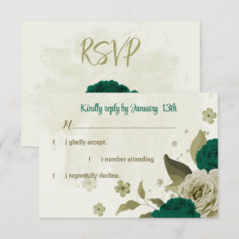 Cartão RSVP casamento botânico com flores verdes esmeraldas