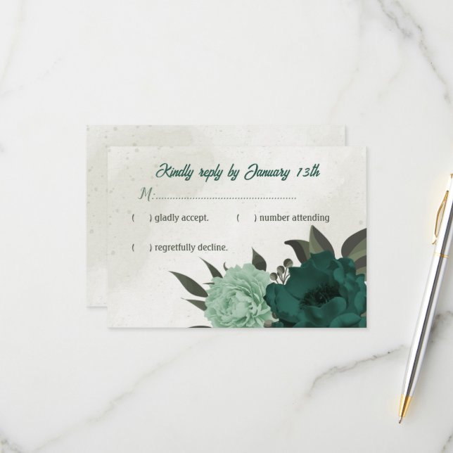 Cartão RSVP casamento botânico com flores verdes esmeraldas (Frente/Verso In Situ)