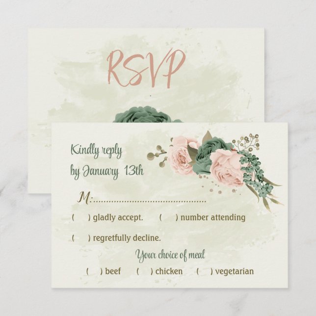 Cartão RSVP casamento botânico com flores verdes sage blush (Frente/Verso)