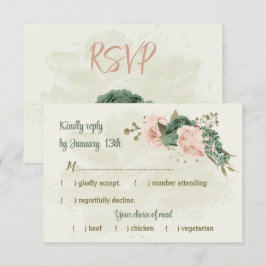 Cartão RSVP casamento botânico com flores verdes sage blush