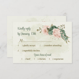 Cartão RSVP casamento botânico com flores verdes sage blush