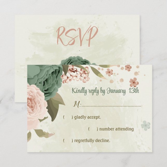 Cartão RSVP casamento botânico com flores verdes sage blush (Frente/Verso)