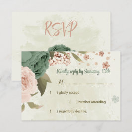 Cartão RSVP casamento botânico com flores verdes sage blush