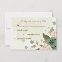Cartão RSVP casamento botânico com flores verdes sage blush