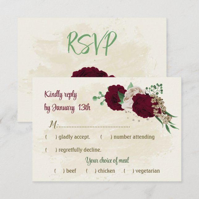Cartão RSVP Casamento botânico de champanhe de borgonha (Frente/Verso)