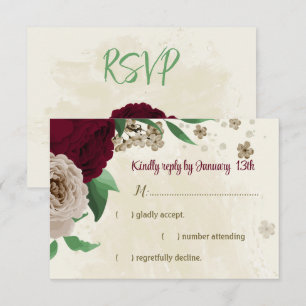 Cartão RSVP Casamento botânico de champanhe de borgonha