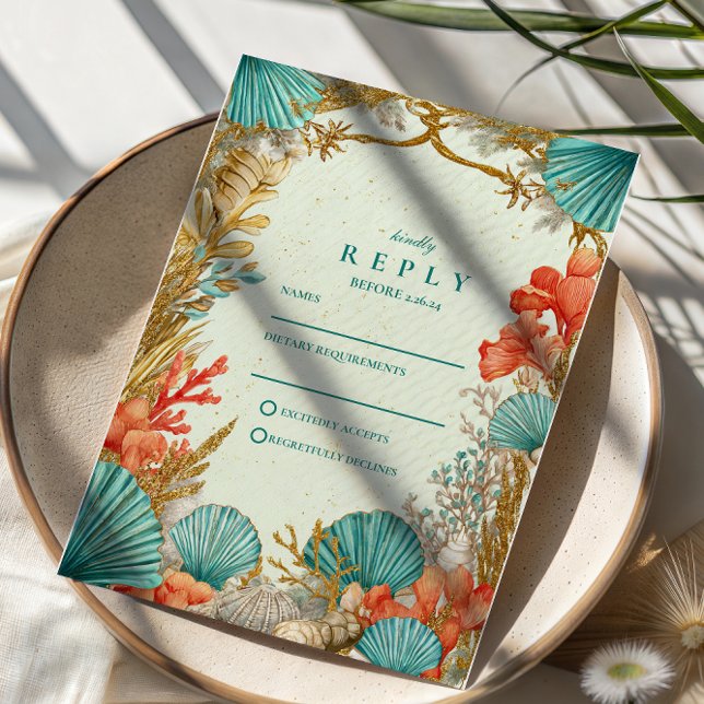 Cartão RSVP Casamento Botânico de Conchas de Praia (Criador carregado)