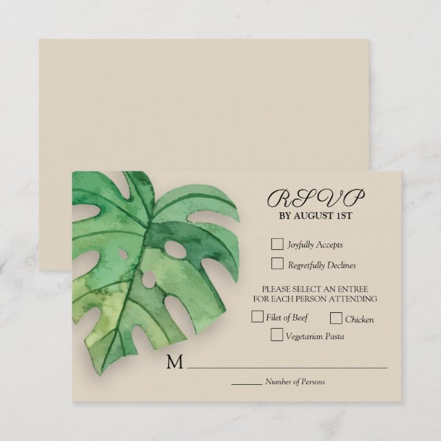 Cartão RSVP Casamento Botânico de Monstera Tropical (Frente/Verso)