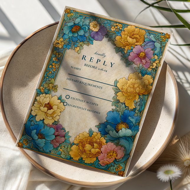 Cartão RSVP Casamento Botânico Dourado Turquesa (Criador carregado)