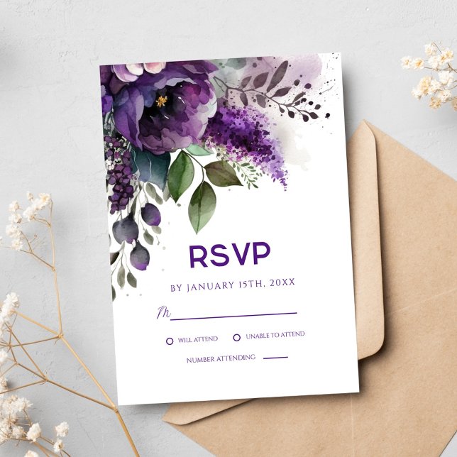 Cartão RSVP Casamento Botânico Elegante Botânico Roxo (Purple Floral Botanical Elegant Modern Wedding RSVP Card)