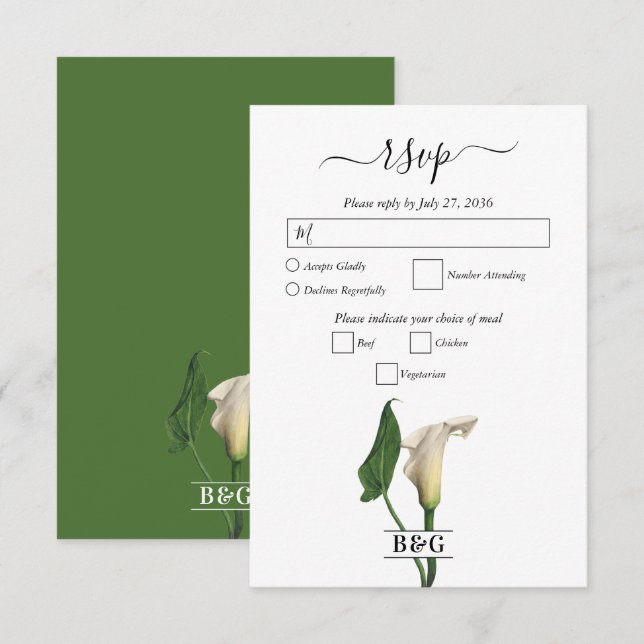 Cartão RSVP Casamento Botânico Elegante Calla Lily Green (Frente/Verso)