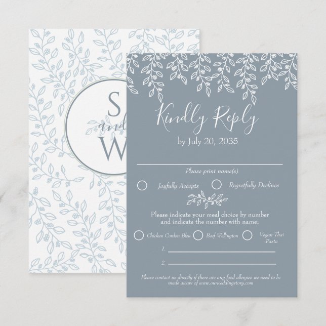 Cartão RSVP Casamento Botânico Elegante Moderno do Boho Azul D (Frente/Verso)