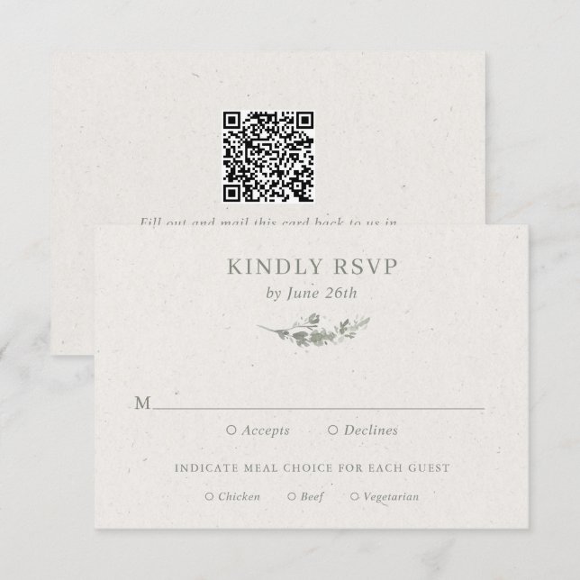 Cartão RSVP Casamento Botânico em Verde Sálvia Moderno com Cód (Frente/Verso)