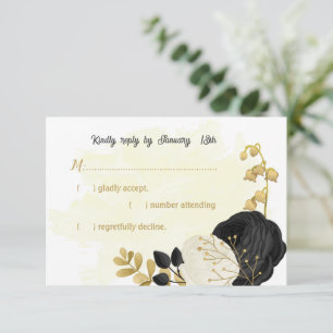 Cartão RSVP casamento botânico entre flores pretas e brancas