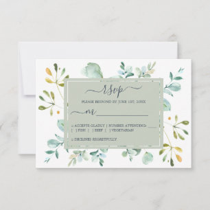 Cartão RSVP Casamento Botânico Eucalipto Verde Azul Marinho Ch