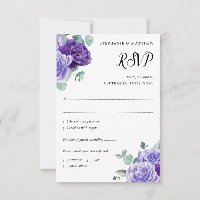 Cartão RSVP Casamento Botânico Eucalyptus Blooms Roxo (Frente)