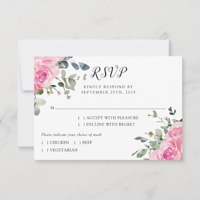 Cartão RSVP Casamento Botânico Eucalyptus Rosa Dusty (Frente)