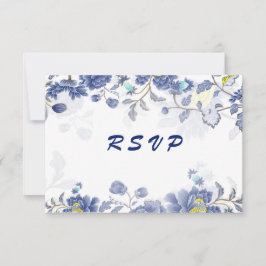 Cartão RSVP Casamento Botânico Floral Azul Aquarela Elegante