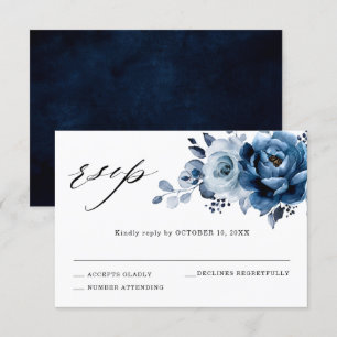 Cartão RSVP Casamento Botânico Floral Azul Desbotado Ardósia M