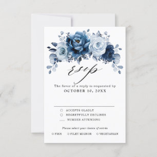 Cartão RSVP Casamento Botânico Floral Azul Desbotado Ardósia M