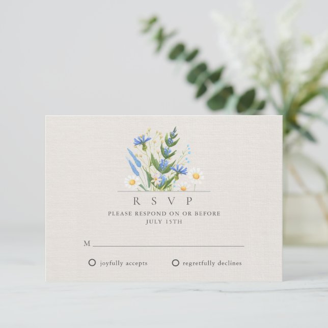 Cartão RSVP Casamento Botânico Floral Azul-Margarida de Verão (Em pé/Frente)