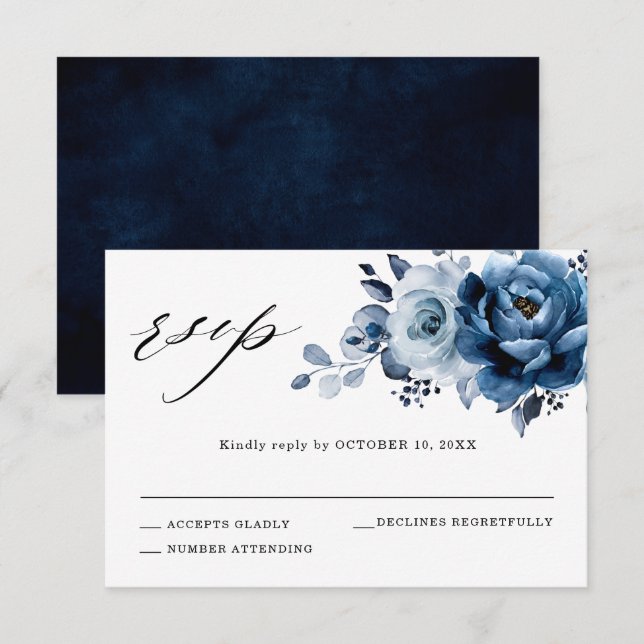 Cartão RSVP Casamento Botânico Floral em Azul Poeira Ardósia N (Frente/Verso)