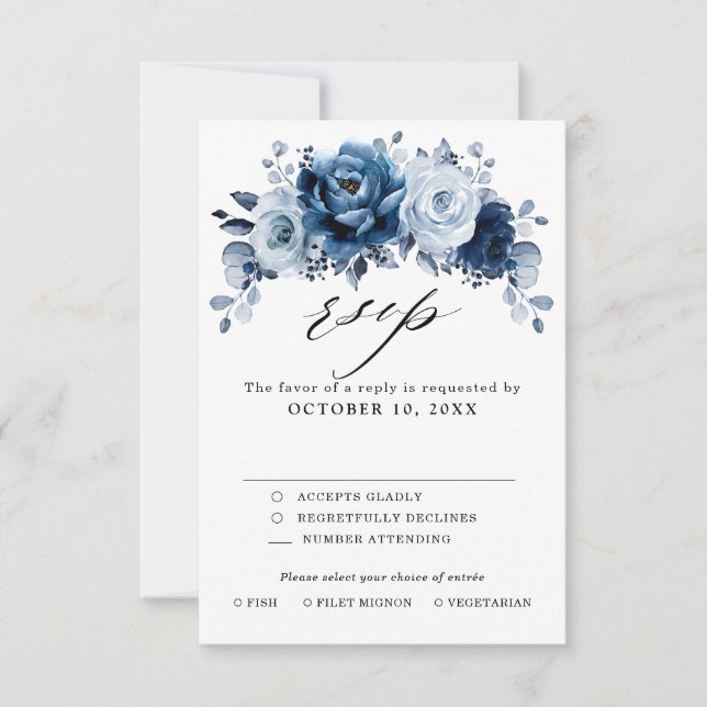 Cartão RSVP Casamento Botânico Floral em Azul Poeira e Azul Ma (Frente)