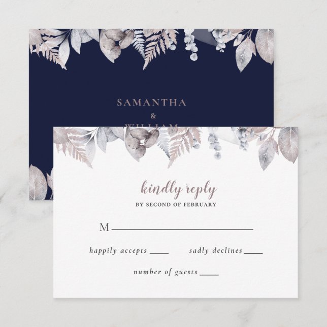 Cartão RSVP Casamento Botânico Floral Mauve Marinho Russo (Frente/Verso)