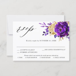 Cartão RSVP Casamento Botânico Floral Roxo Ouro Royal