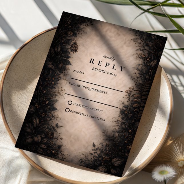 Cartão RSVP Casamento Botânico Gótico de Meia-Noite (Criador carregado)