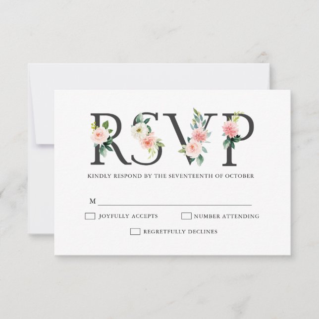 Cartão RSVP Casamento Botânico Moderno - Florais Rosa-Esbranqu (Frente)