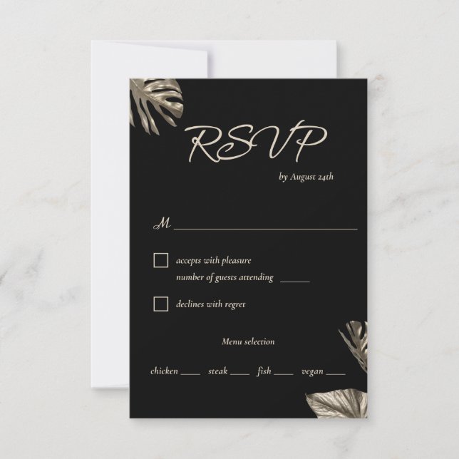 Cartão RSVP Casamento Botânico Moderno Preto e Dourado com Ref (Frente)